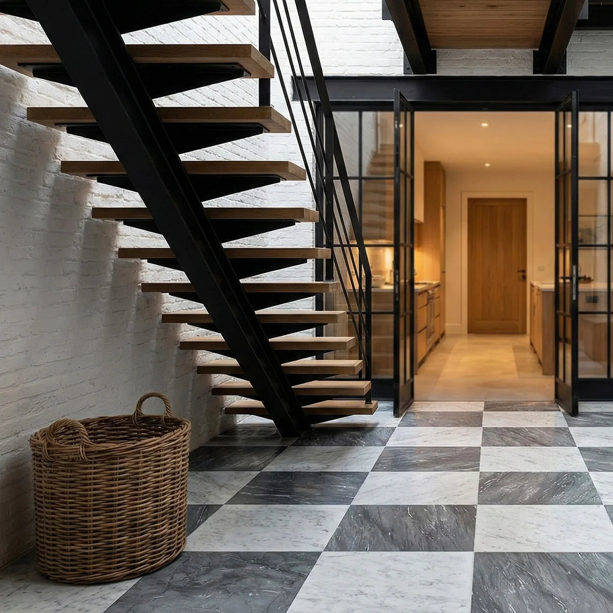 Checkerboard Patterns Multicolor checkerboard tile, lifestyle installation view. Premium marble for floors and walls.