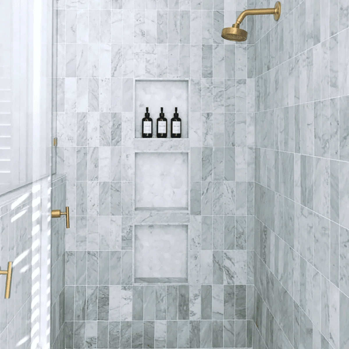 White Carrara Polished Marble White field tile, product image. Premium marble for floors and walls.