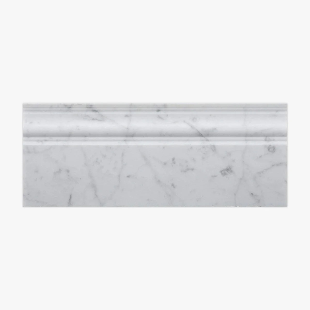White Carrara Polished Marble White moulding, top-down product view. Premium marble for floors and walls.