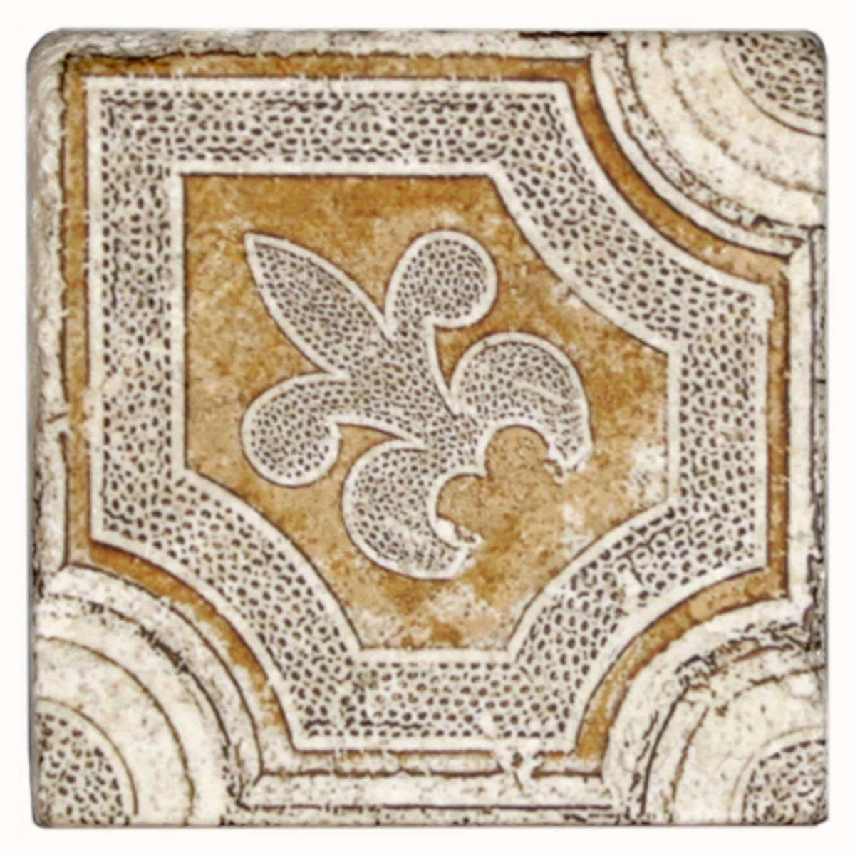 Altalena Ochre field tile, top-down product view, 3"×3"×3/8" size. Premium travertine for floors and walls.