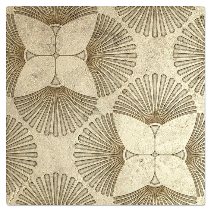 Briolette Tiger's Eye field tile, top-down product view, 12"×12"×3/8" size. Premium travertine for floors and walls.
