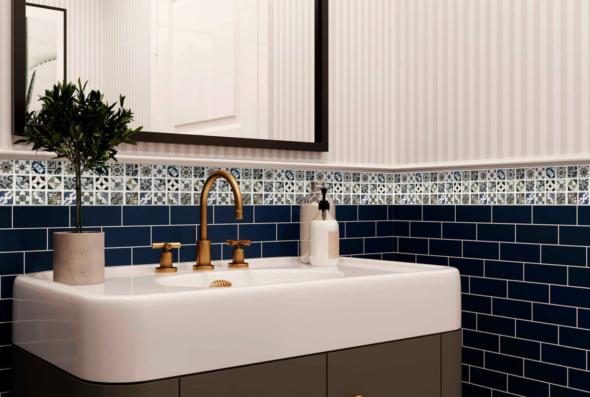 Bristol Deco Dots BDD55 marble mosaic, lifestyle installation view, 6"×6"×3/8" size. Premium marble for floors and walls.