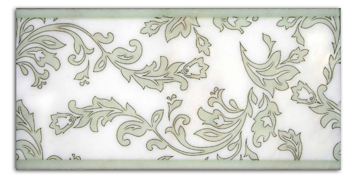 Charleston Celadon field tile, top-down product view, 3"×6"×3/8" size. Premium travertine for floors and walls.