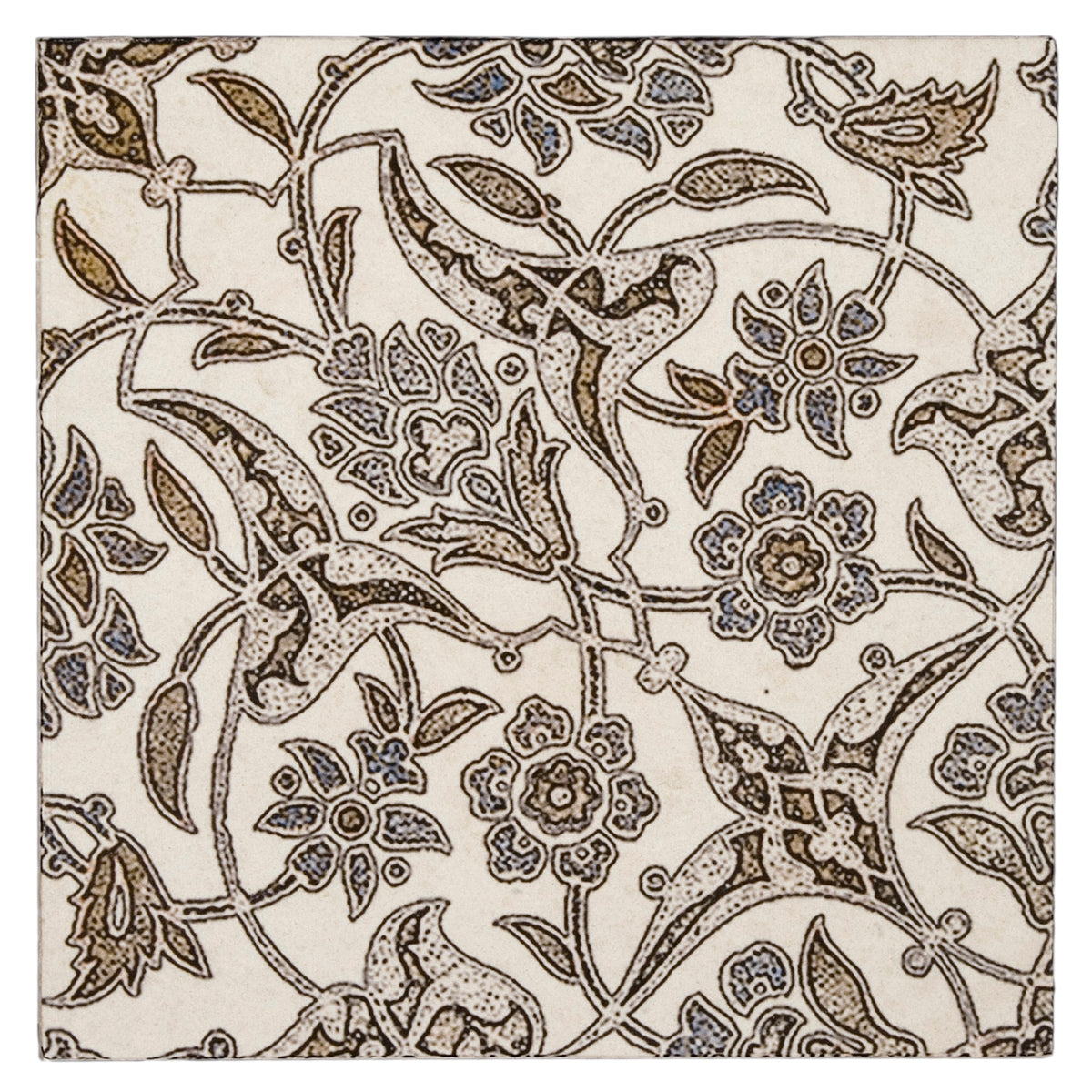 Crewel Blue field tile, top-down product view, 12"×12"×3/8" size. Premium travertine for floors and walls.