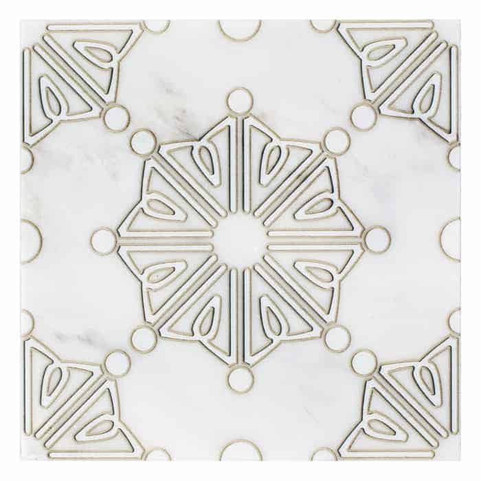 Dahlia Pearl field tile, top-down product view, 6"×6"×3/8" size. Premium marble for floors and walls.
