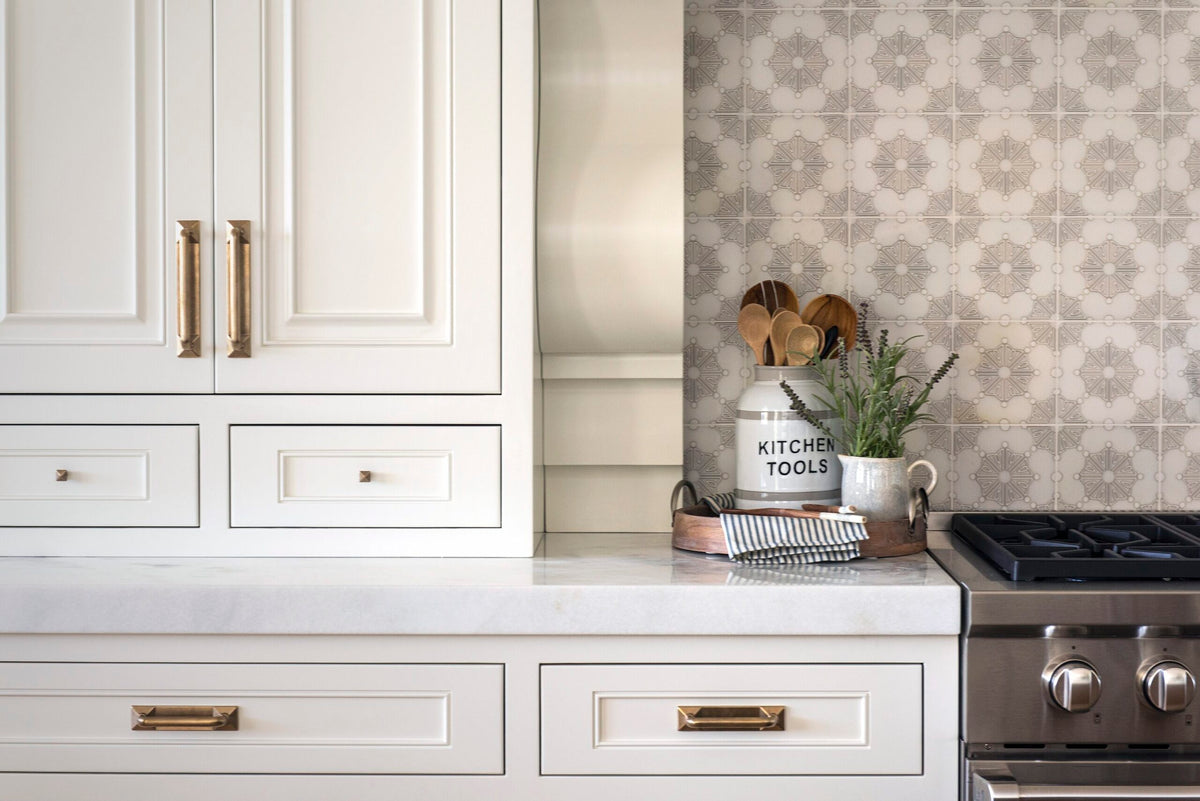 Dahlia Moonmist field tile, lifestyle installation view, 12"×12"×3/8" size. Premium dolomite for floors and walls.