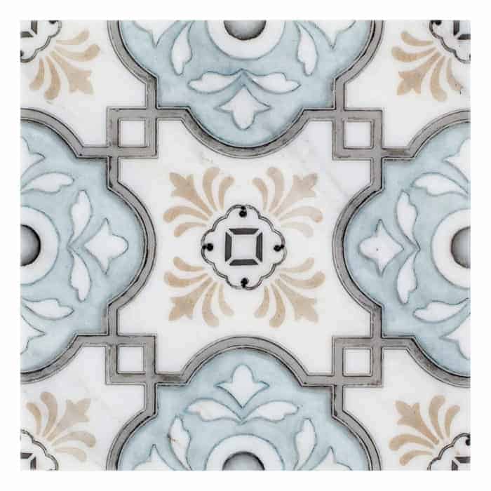 Davenport Azure field tile, top-down product view, 6"×6"×3/8" size. Premium marble for floors and walls.