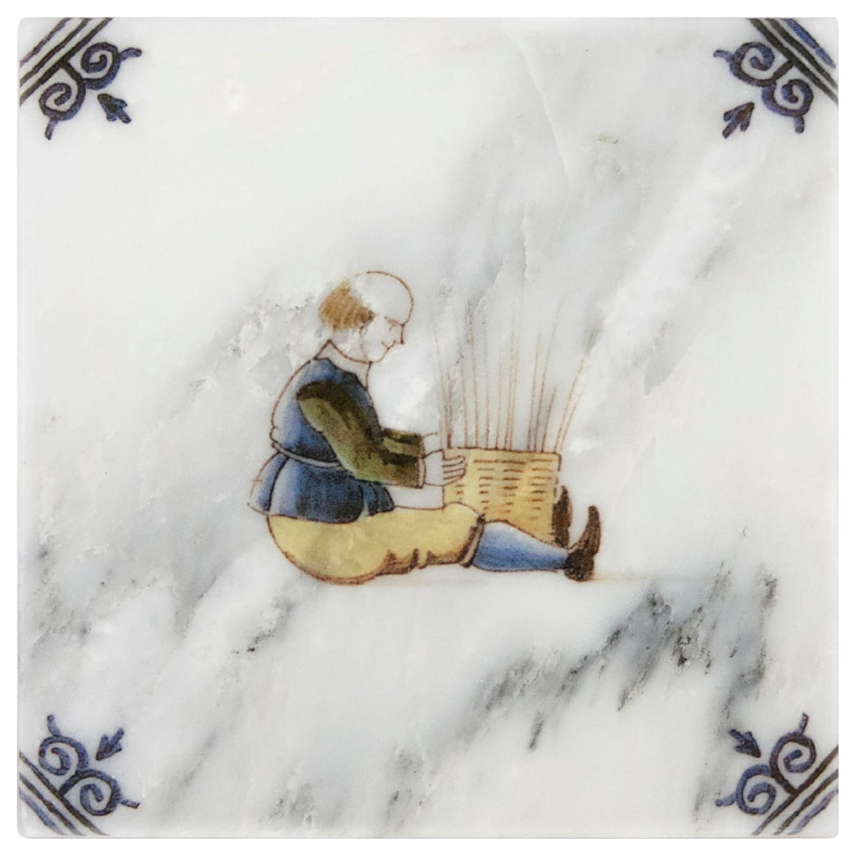 Delft At Play field tile, top-down product view, 4"×4"×3/8" size. Premium travertine for floors and walls.
