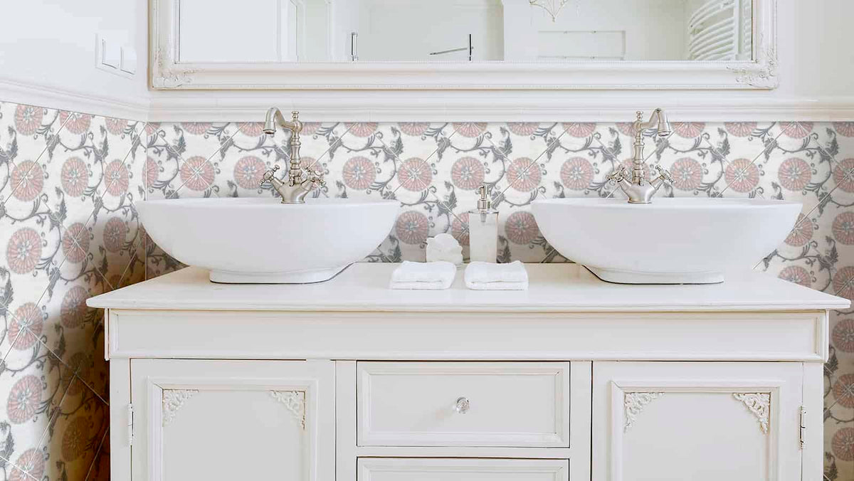 Eliana Dusty Blue field tile, lifestyle installation view, 12"×12"×3/8" size. Premium marble for floors and walls.