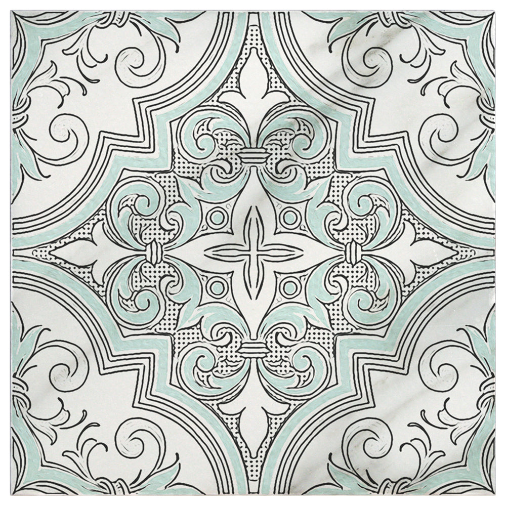 Ella Cool Water Blue marble field tile, top-down product view, 6"×6"×3/8" size. Premium marble for floors and walls.