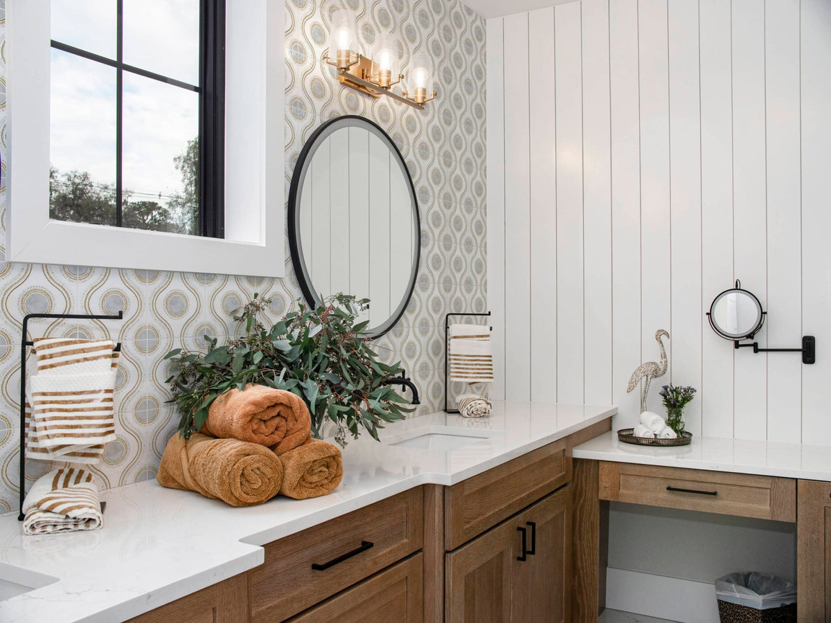 Genie Frosted Sky field tile, lifestyle installation view, 6"×6"×3/8" size. Premium dolomite for floors and walls.
