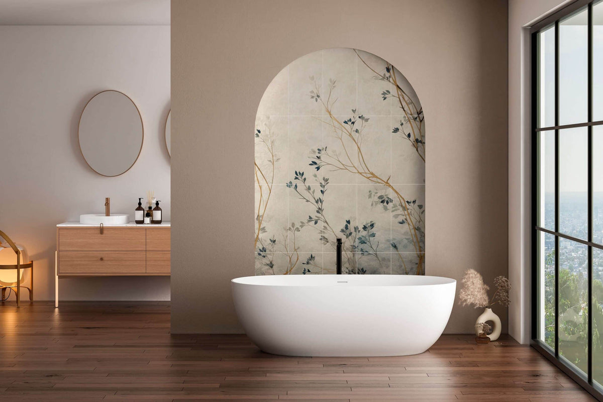 Gossamer Vines Chiffon field tile, lifestyle installation view, 12"×24"×3/8" size. Premium limestone for floors and walls.
