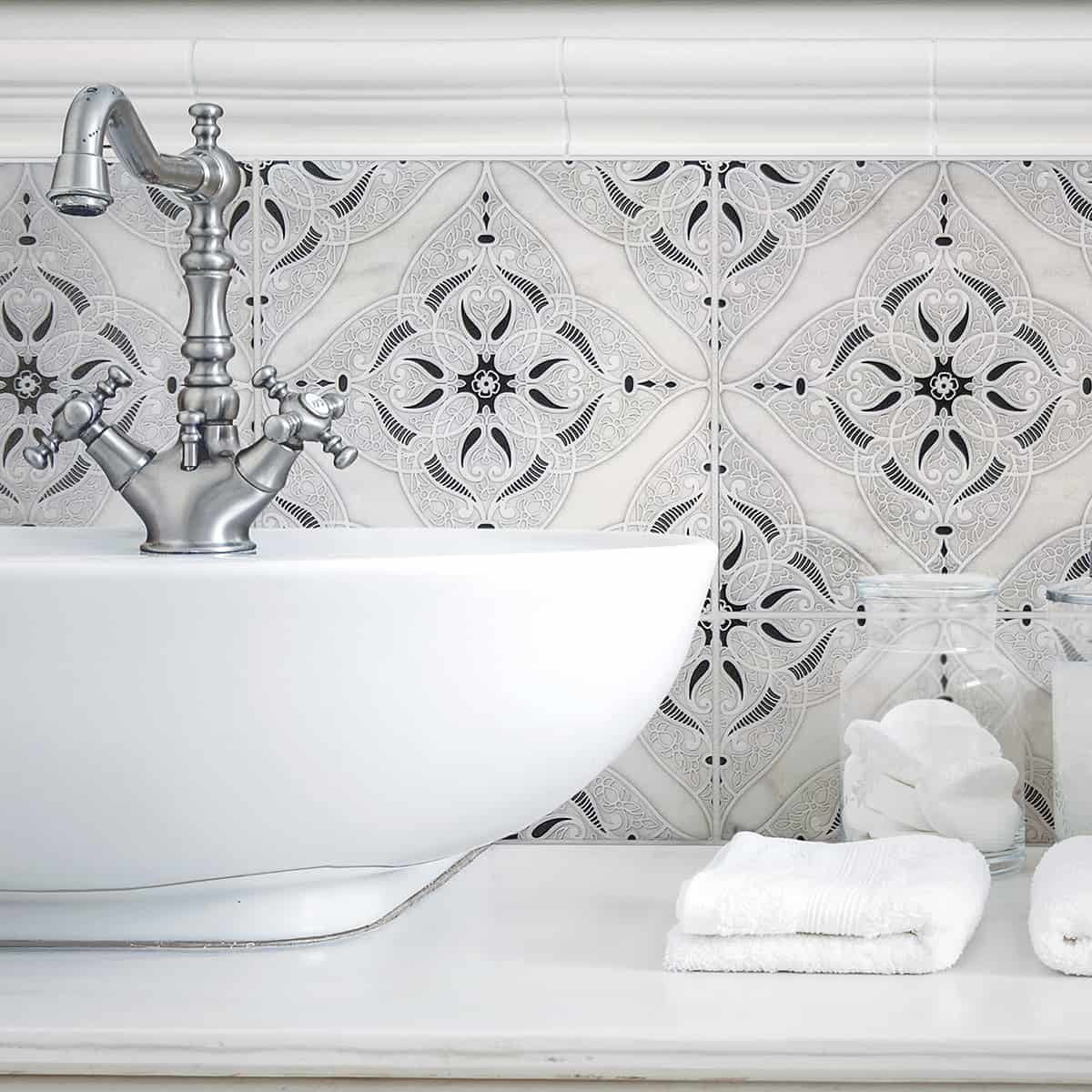 Granada Sapphire field tile, lifestyle installation view, 6"×6"×3/8" size. Premium dolomite for floors and walls.