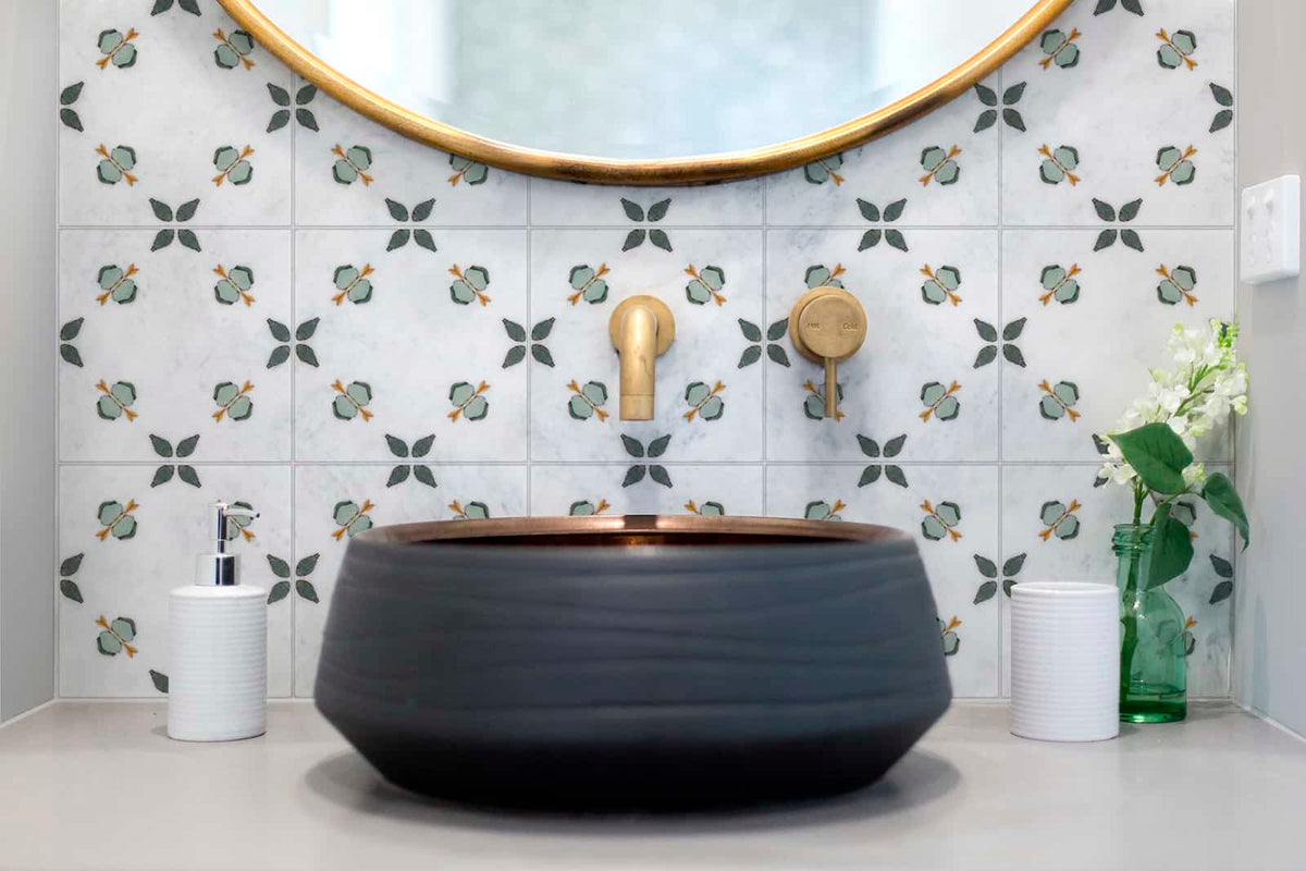Jax Blueberry field tile, lifestyle installation view, 6"×6"×3/8" size. Premium dolomite for floors and walls.