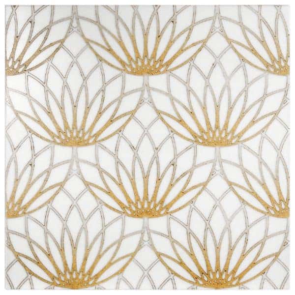 Lotus Gold marble field tile, top-down product view, 6"×6"×3/8" size. Premium marble for floors and walls.