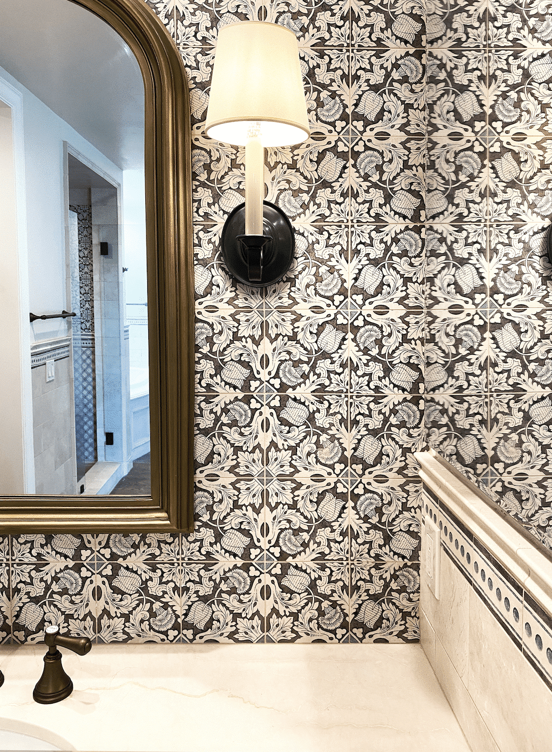 Madison Arctic Blue field tile, lifestyle installation view, 3"×6"×3/8" size. Premium travertine for floors and walls.