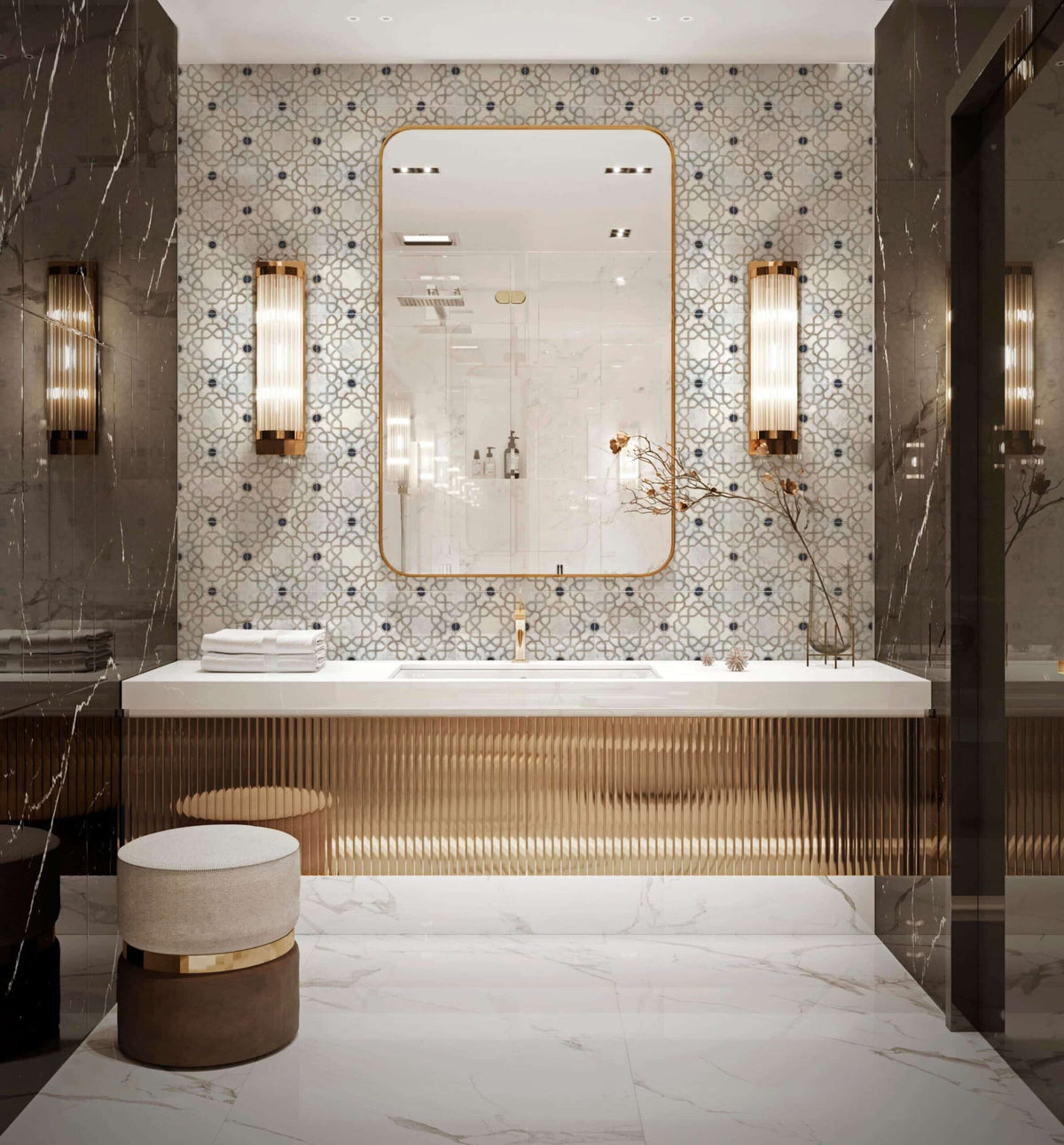 Medina Onyx field tile, lifestyle installation view, 6"×6"×3/8" size. Premium dolomite for floors and walls.
