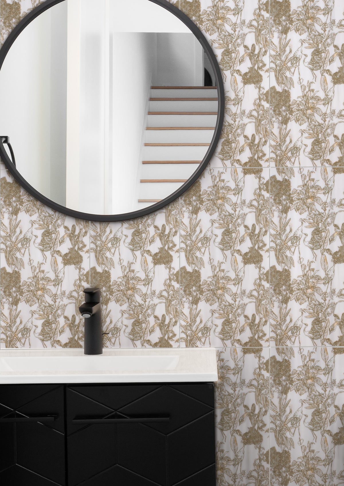 Menagerie Dark Juniper field tile, lifestyle installation view, 12"×24"×3/8" size. Premium limestone for floors and walls.