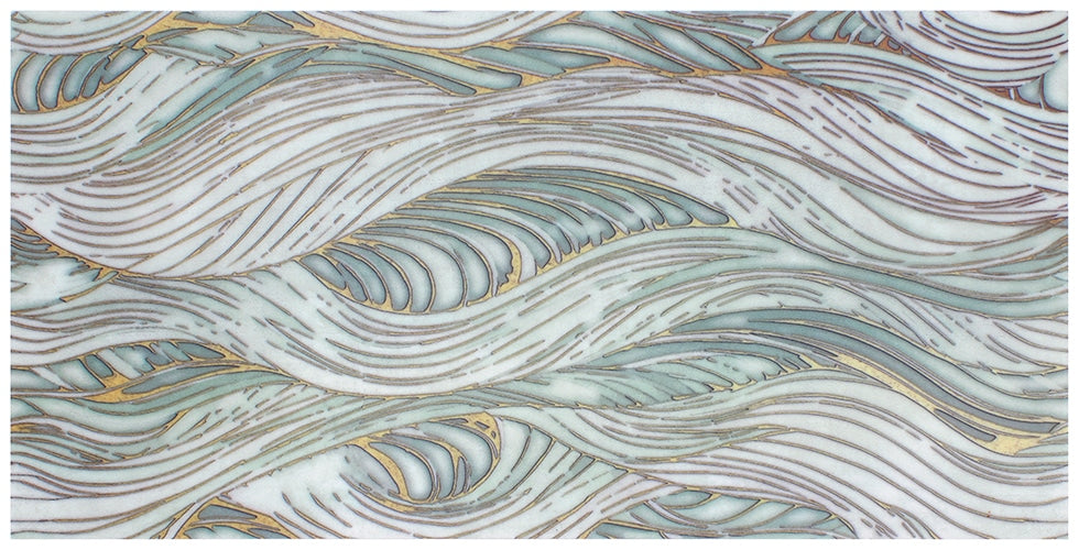 Meraki Blue Swell field tile, top-down product view, 12"×24"×3/8" size. Premium limestone for floors and walls.