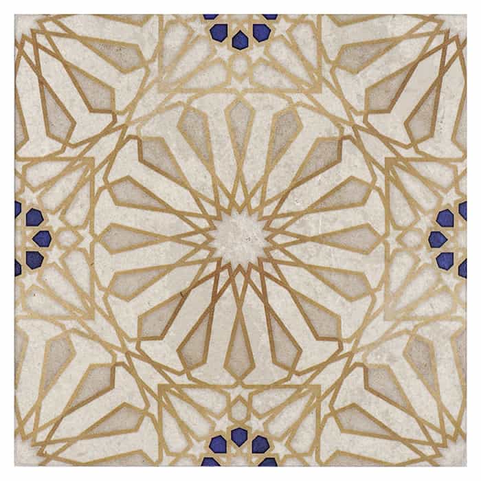 Mossalli Gold field tile, top-down product view, 6"×6"×3/8" size. Premium limestone for floors and walls.