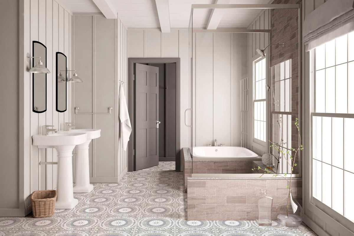 Nicolo Lilac field tile, lifestyle installation view, 3"×6"×3/8" size. Premium travertine for floors and walls.
