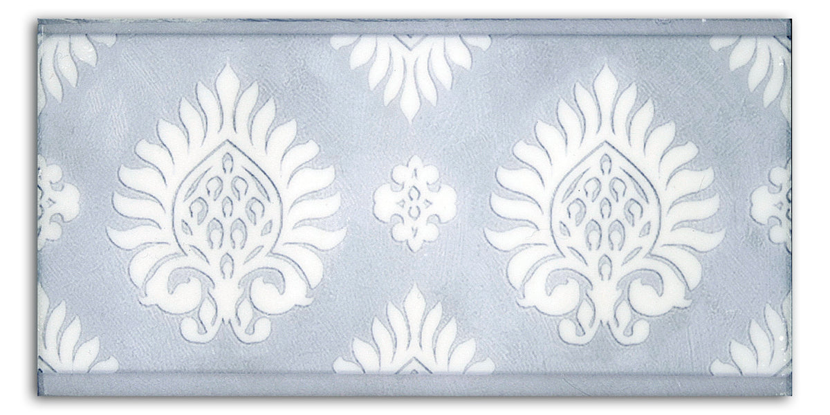 Paige Powder Blue marble field tile, top-down product view, 3"×6"×3/8" size. Premium marble for floors and walls.