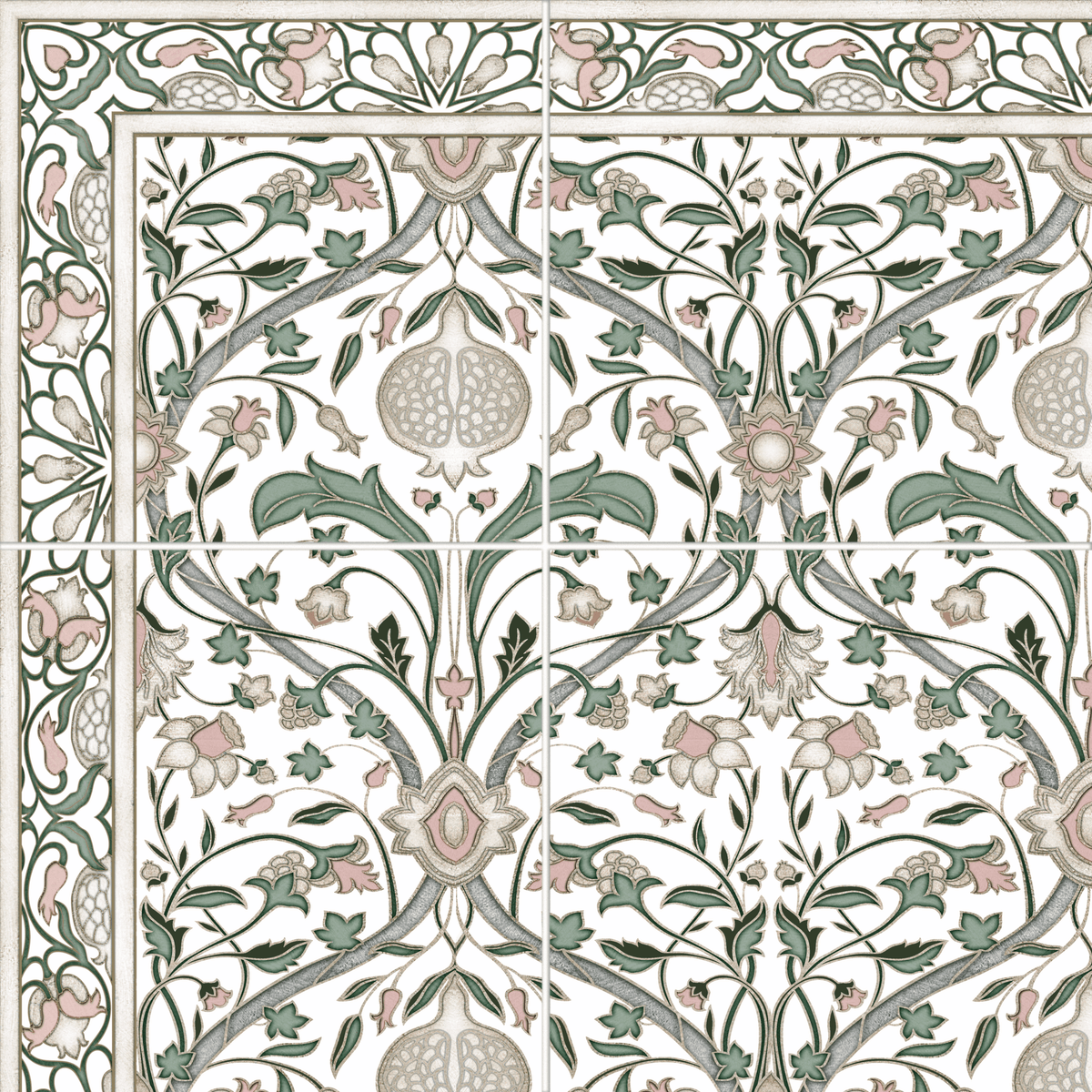 Pomegranates Pink field tile, top-down product view, 6"×6"×3/8" size. Premium travertine for floors and walls.
