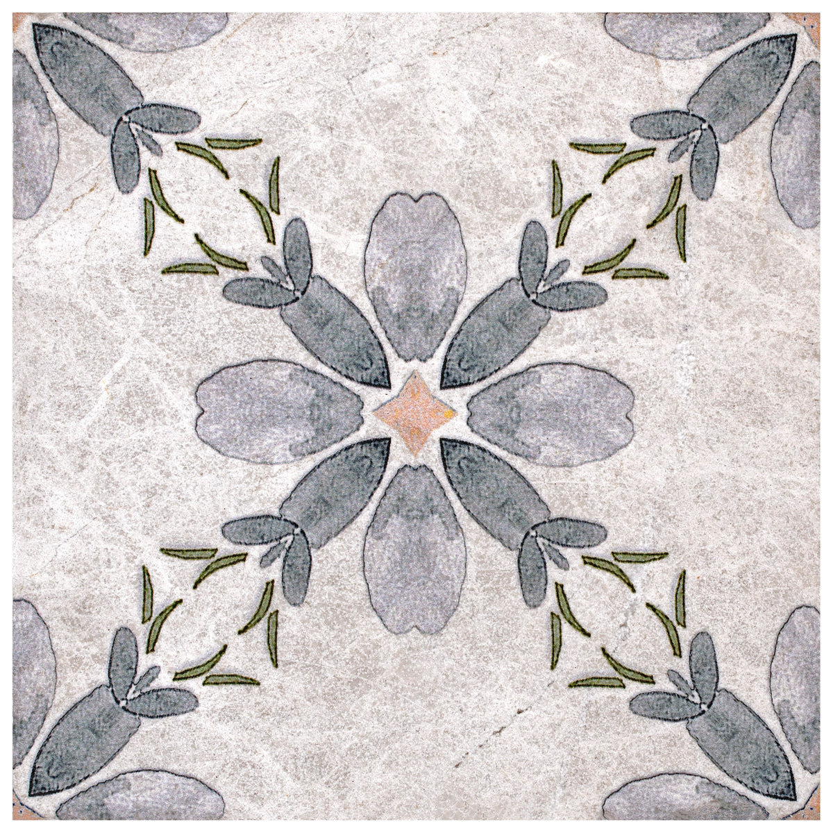 Primrose Cinder Grey field tile, top-down product view, 12"×12"×3/8" size. Premium limestone for floors and walls.