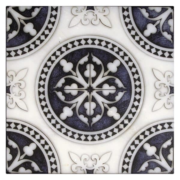 Regent Batik Blue field tile, top-down product view, 12"×12"×3/8" size. Premium dolomite for floors and walls.