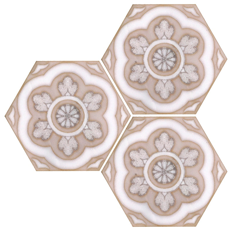 Rosette Camel field tile, primary product image, 6"×5 3/16"×3/8" size. Premium marble for floors and walls.
