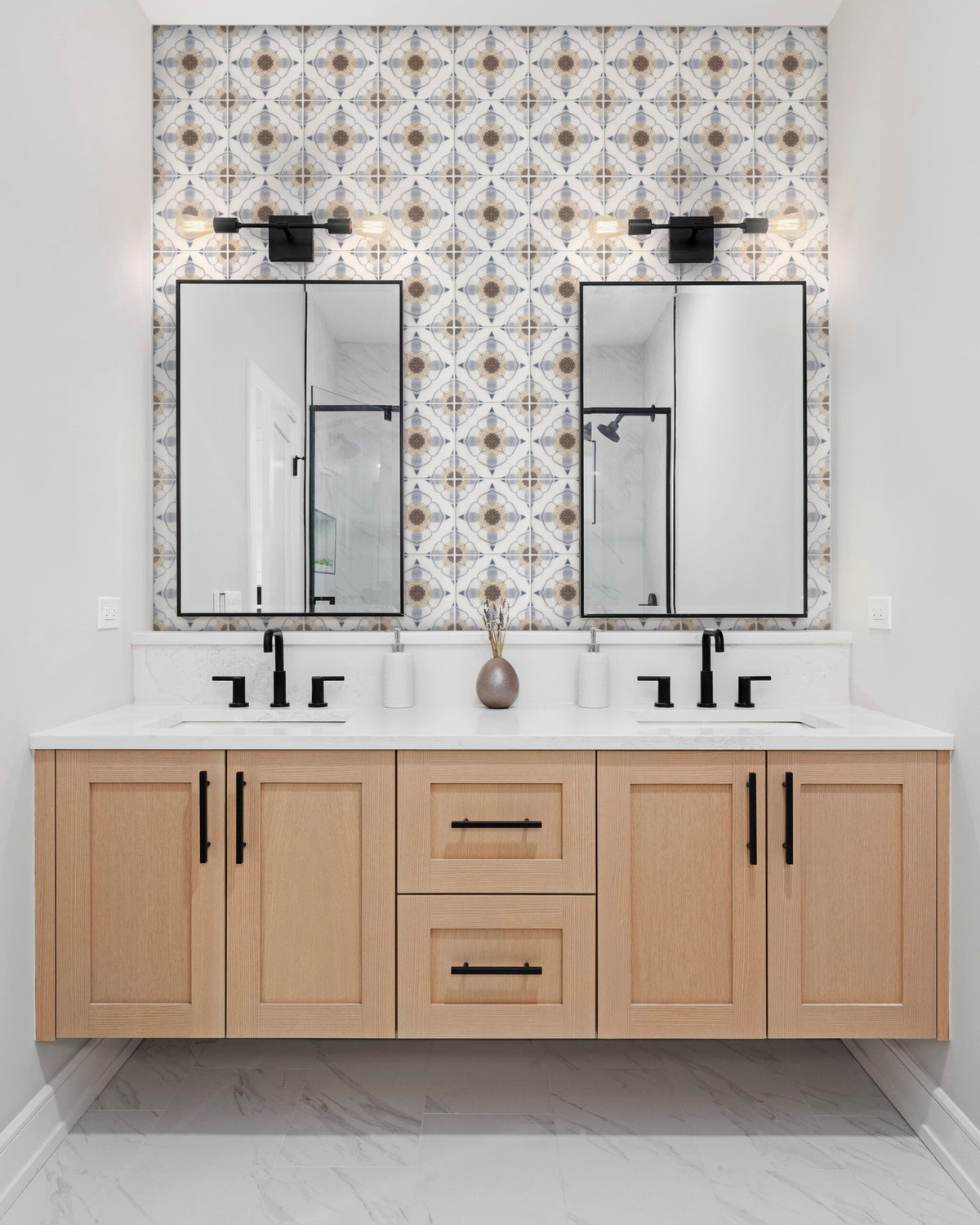 Starling Caviar field tile, lifestyle installation view, 12"×12"×3/8" size. Premium travertine for floors and walls.