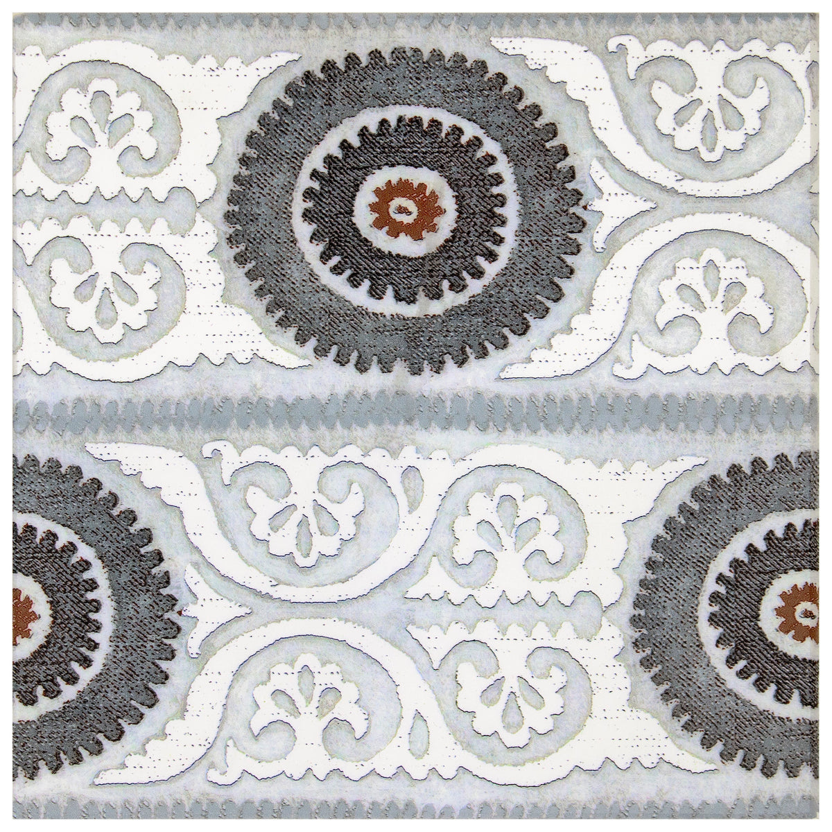 Suzani Blue Mist field tile, alternate product view, 6"×6"×3/8" size. Premium limestone for floors and walls.