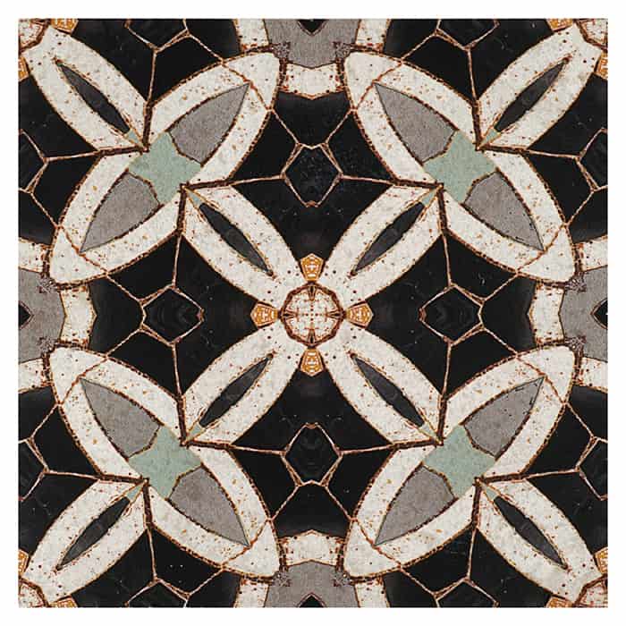 Trinity Night field tile, top-down product view, 6"×6"×3/8" size. Premium limestone for floors and walls.