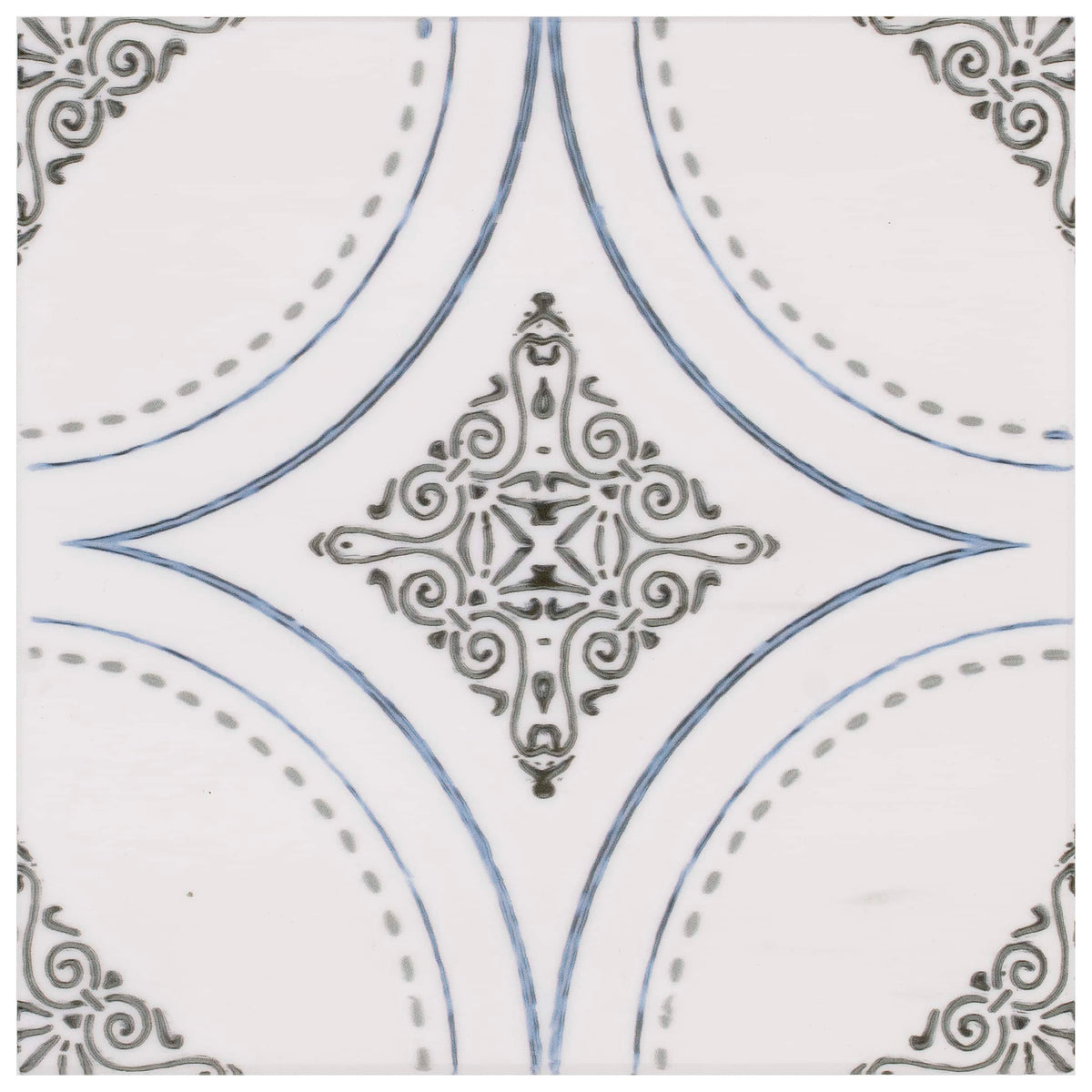 Ventana Deep Blue field tile, top-down product view, 12"×12"×3/8" size. Premium dolomite for floors and walls.