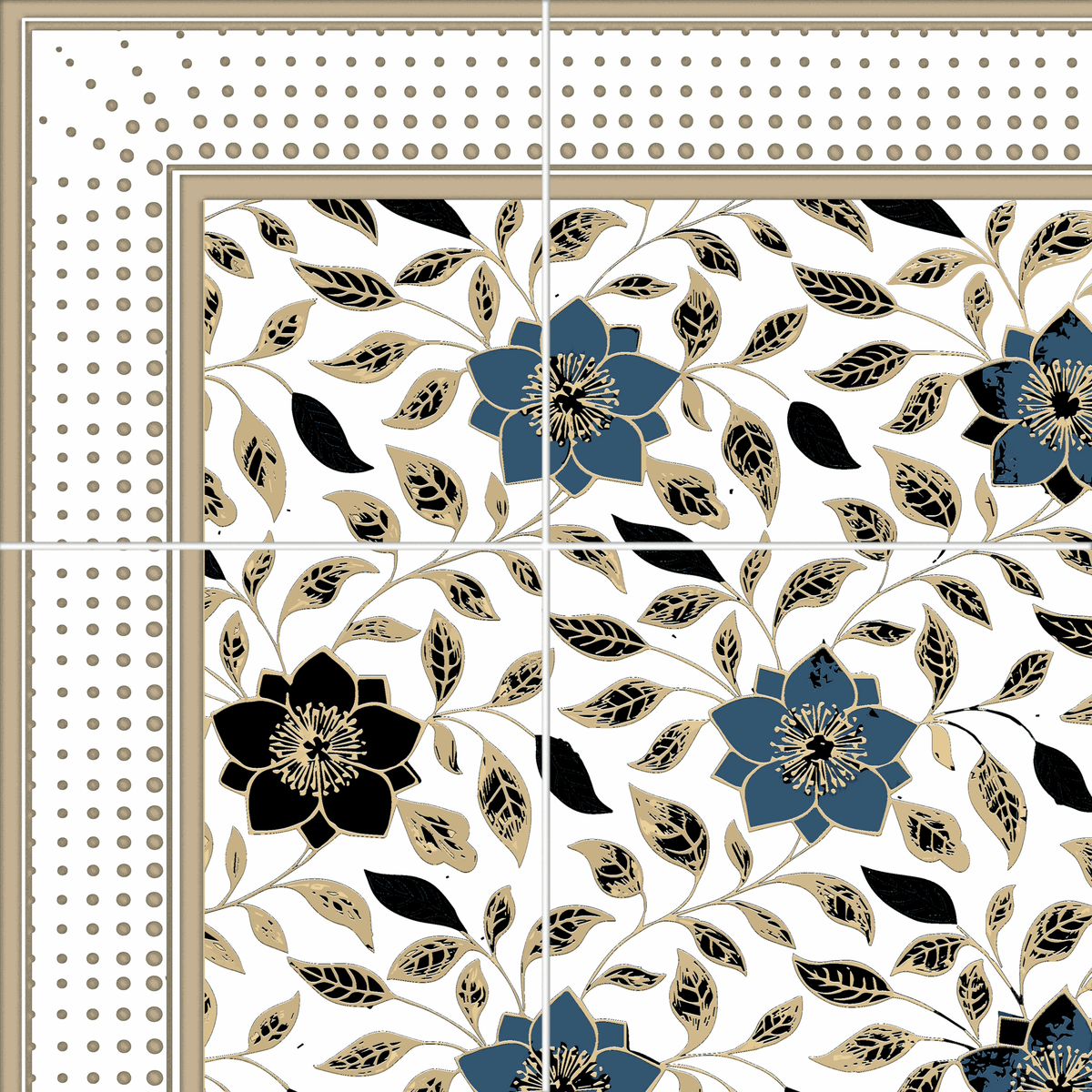 Wild Flowers Midnight Blue field tile, top-down product view, 6"×6"×3/8" size. Premium travertine for floors and walls.