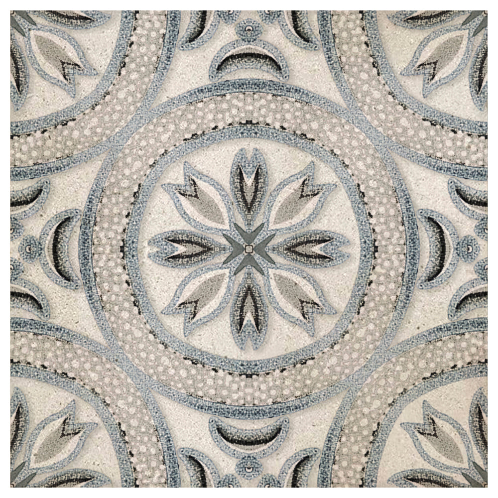 York Blue Stone field tile, top-down product view, 6"×6"×3/8" size. Premium limestone for floors and walls.