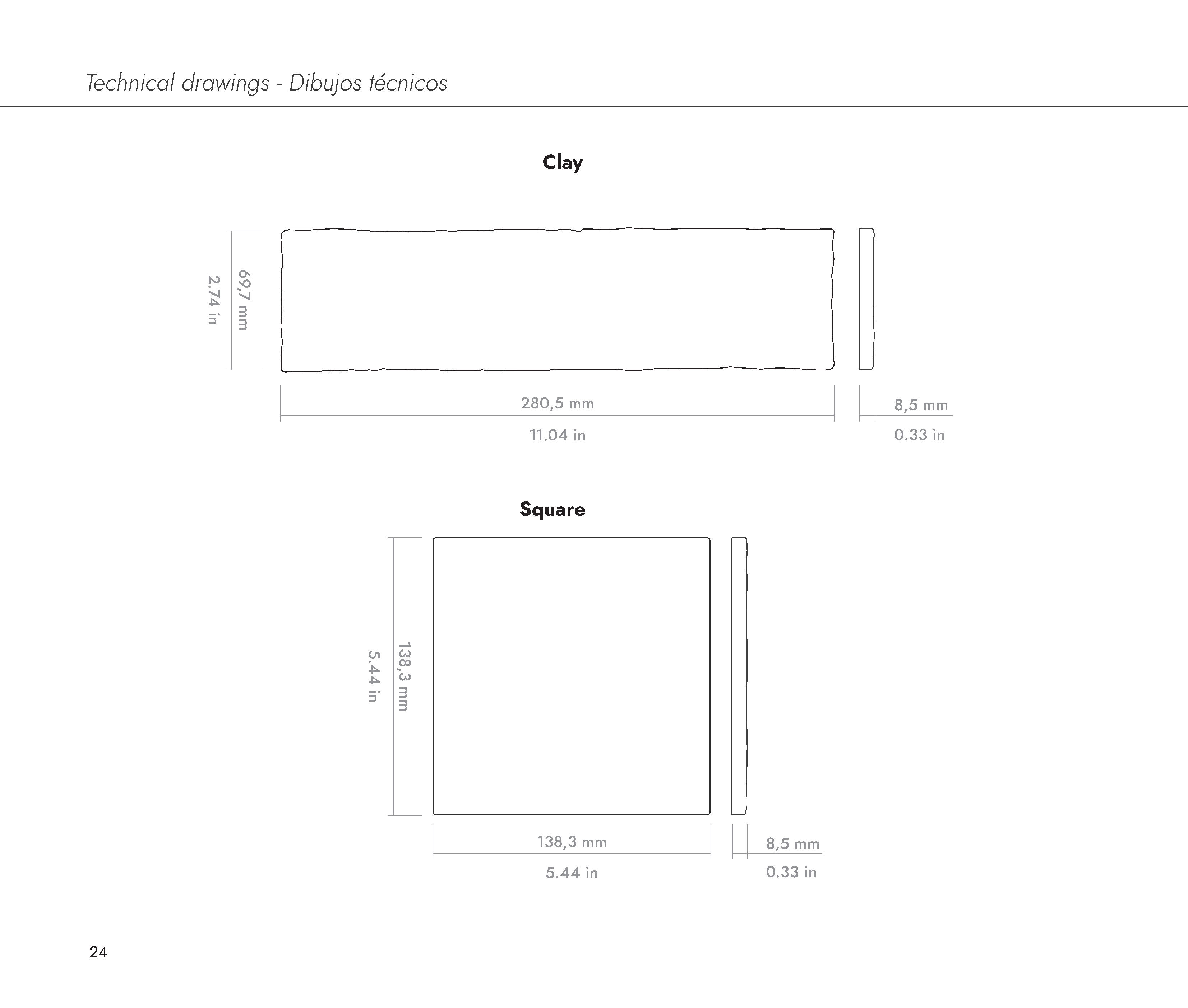 CLAY: Chalk Rectangle Field Tile (2.5"x11"x8.5-mm | matte)