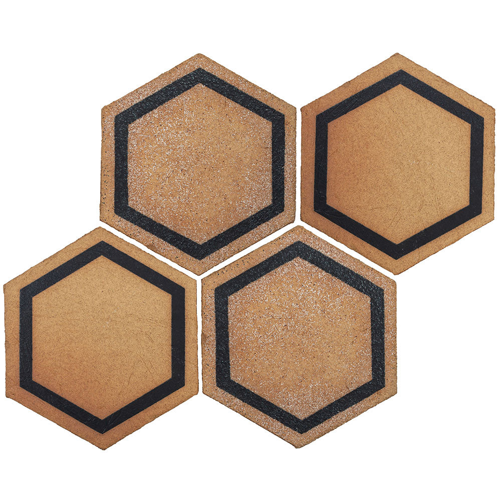 TIERRA MADRE: 01 Blonde Black Natural Terracotta Field Deco Hexagon Tile (8"x⅜" | matte)