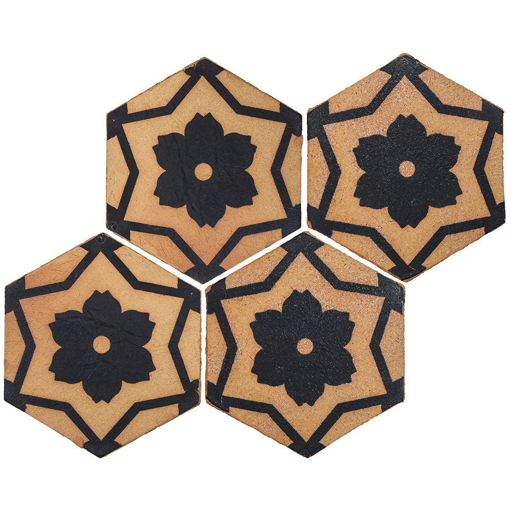 TIERRA MADRE: 02 Blonde Black Natural Terracotta Field Deco Hexagon Tile (8"x⅜" | matte)