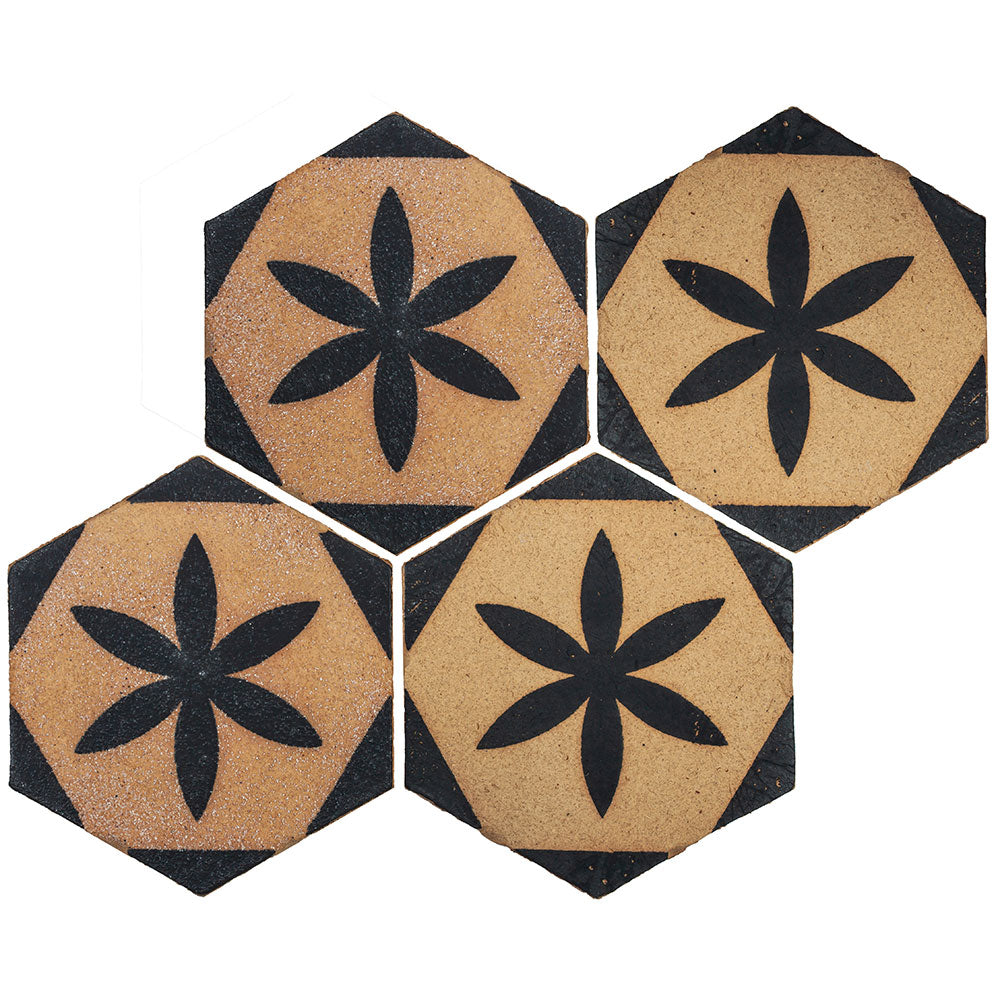 TIERRA MADRE: 03 Blonde Black Natural Terracotta Field Deco Hexagon Tile (8"x⅜" | matte)