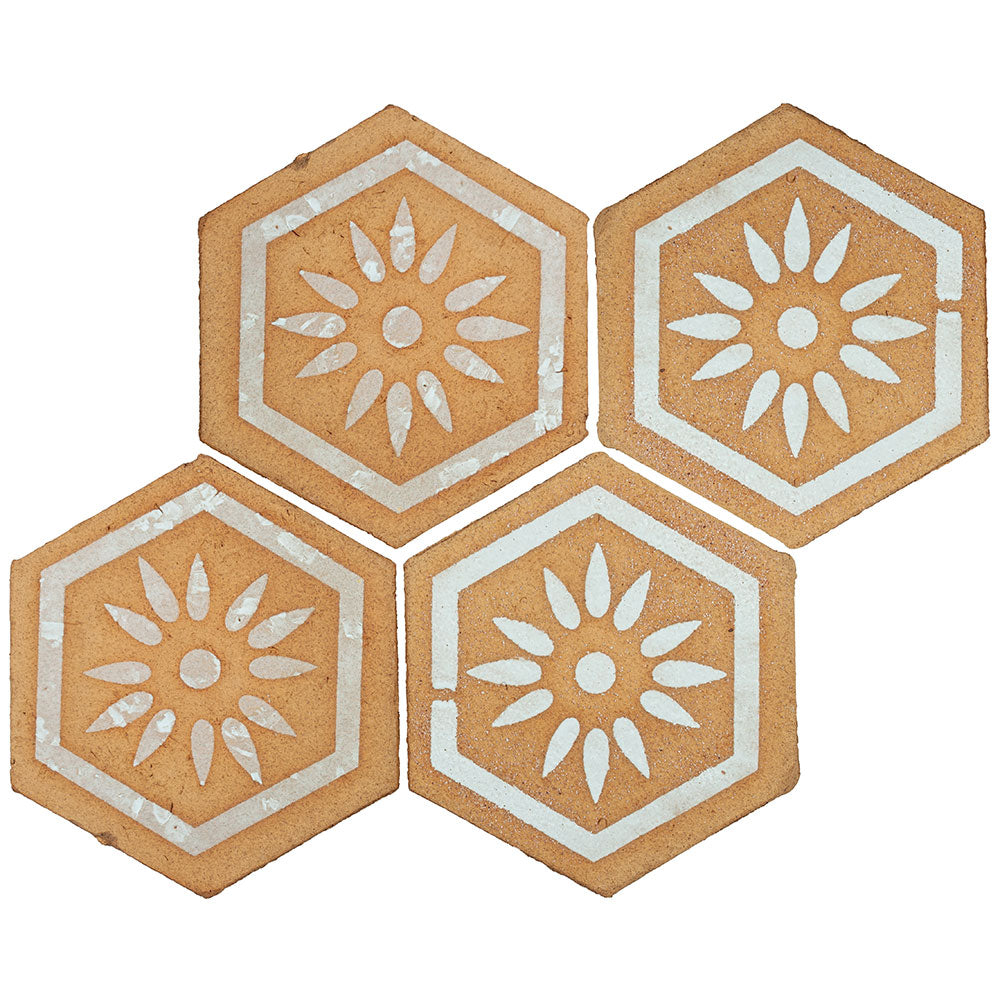 TIERRA MADRE: 04 Blonde White Natural Terracotta Field Deco Hexagon Tile (8"x⅜" | matte)
