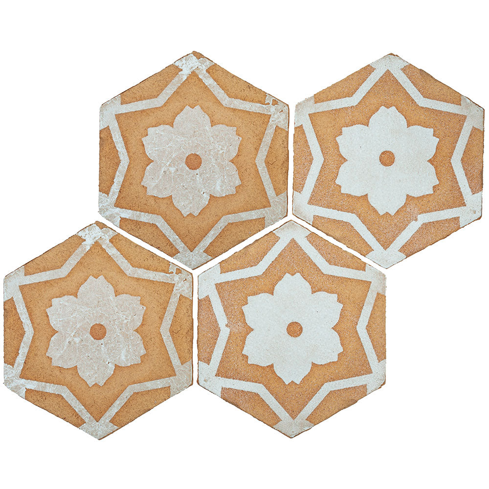 TIERRA MADRE: 02 Blonde White Natural Terracotta Field Deco Hexagon Tile (8"x⅜" | matte)