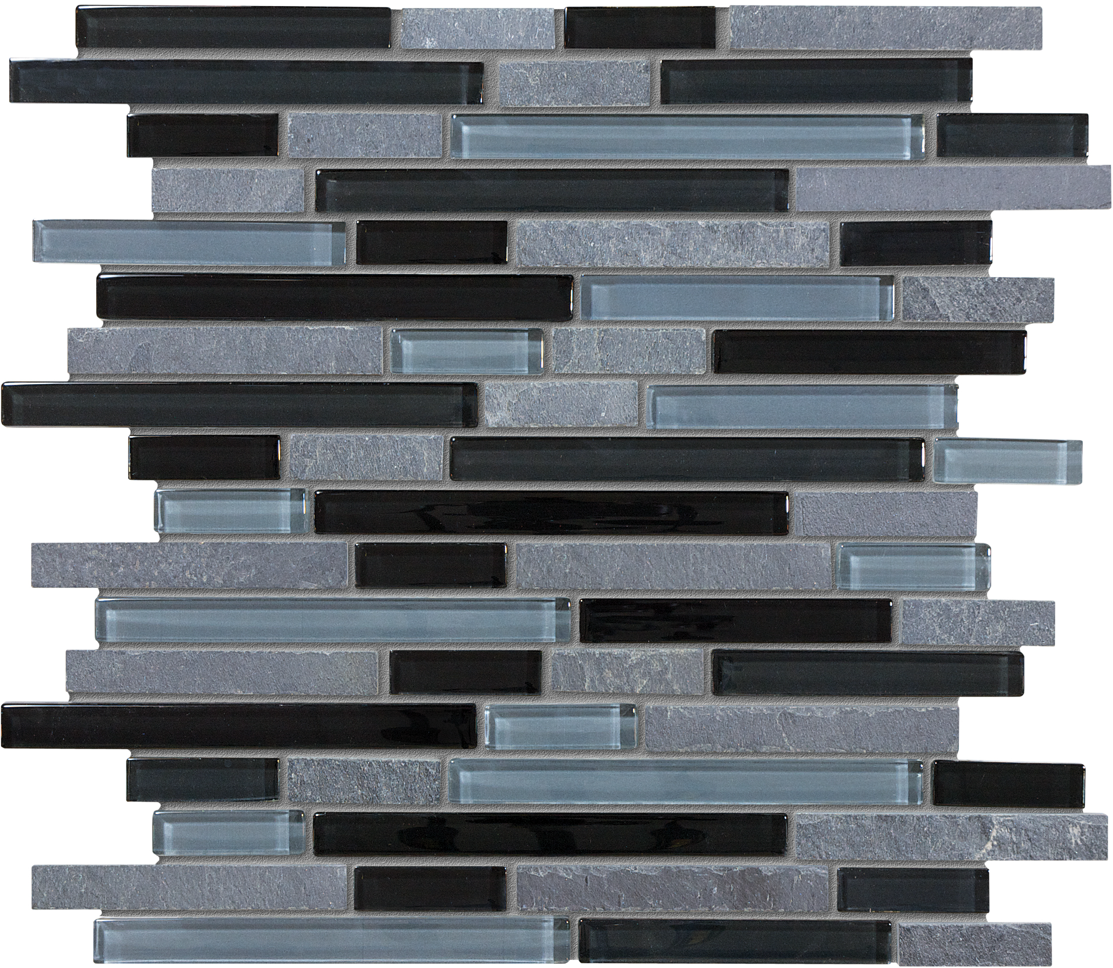 black timber random strip pattern multi glass wall mosaic glass slate blend from glass slate anatolia collection distributed by surface group international multi finish multi edge mesh shape