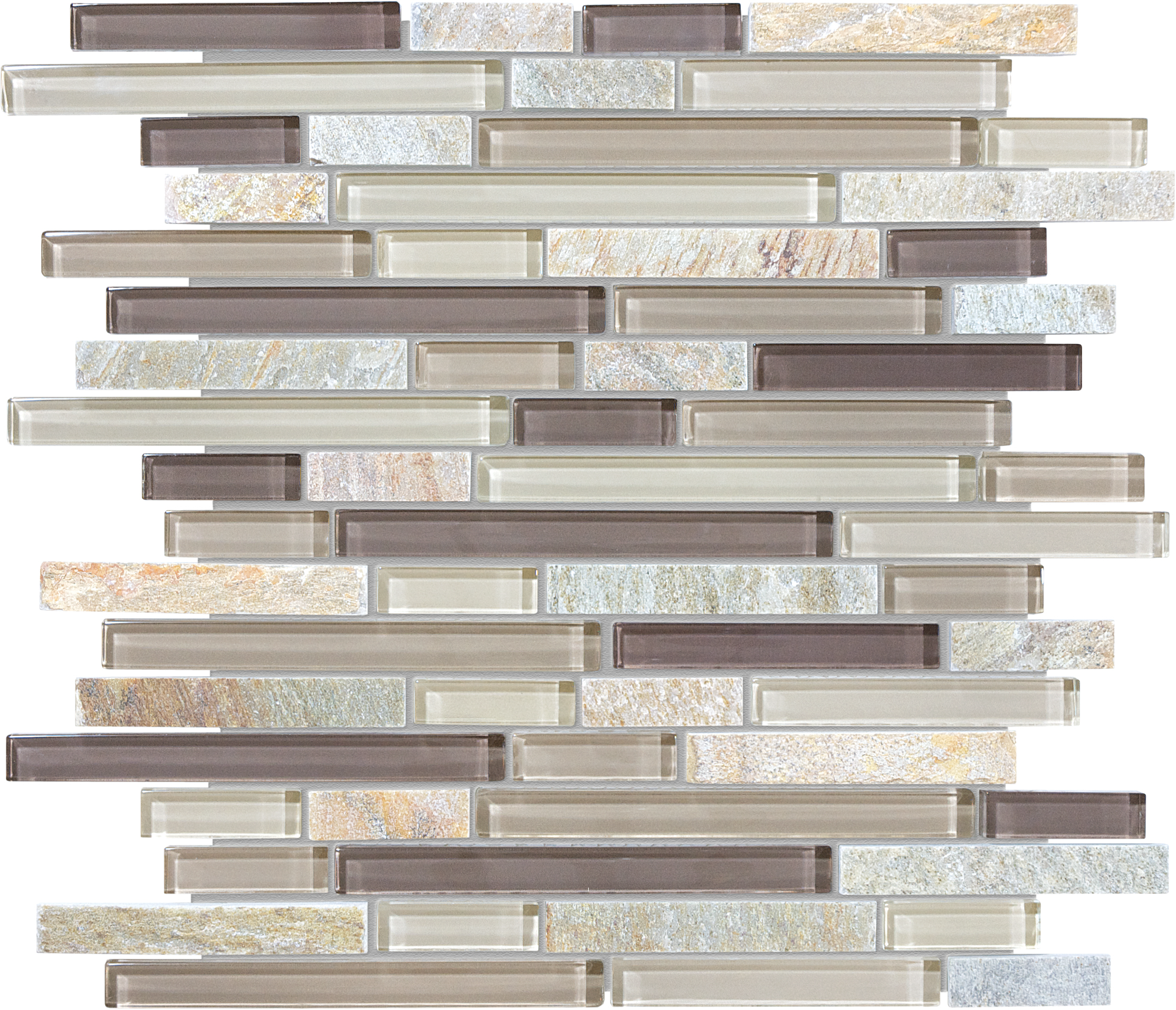 cotton wood random strip pattern multi glass wall mosaic glass slate blend from glass slate anatolia collection distributed by surface group international multi finish multi edge mesh shape