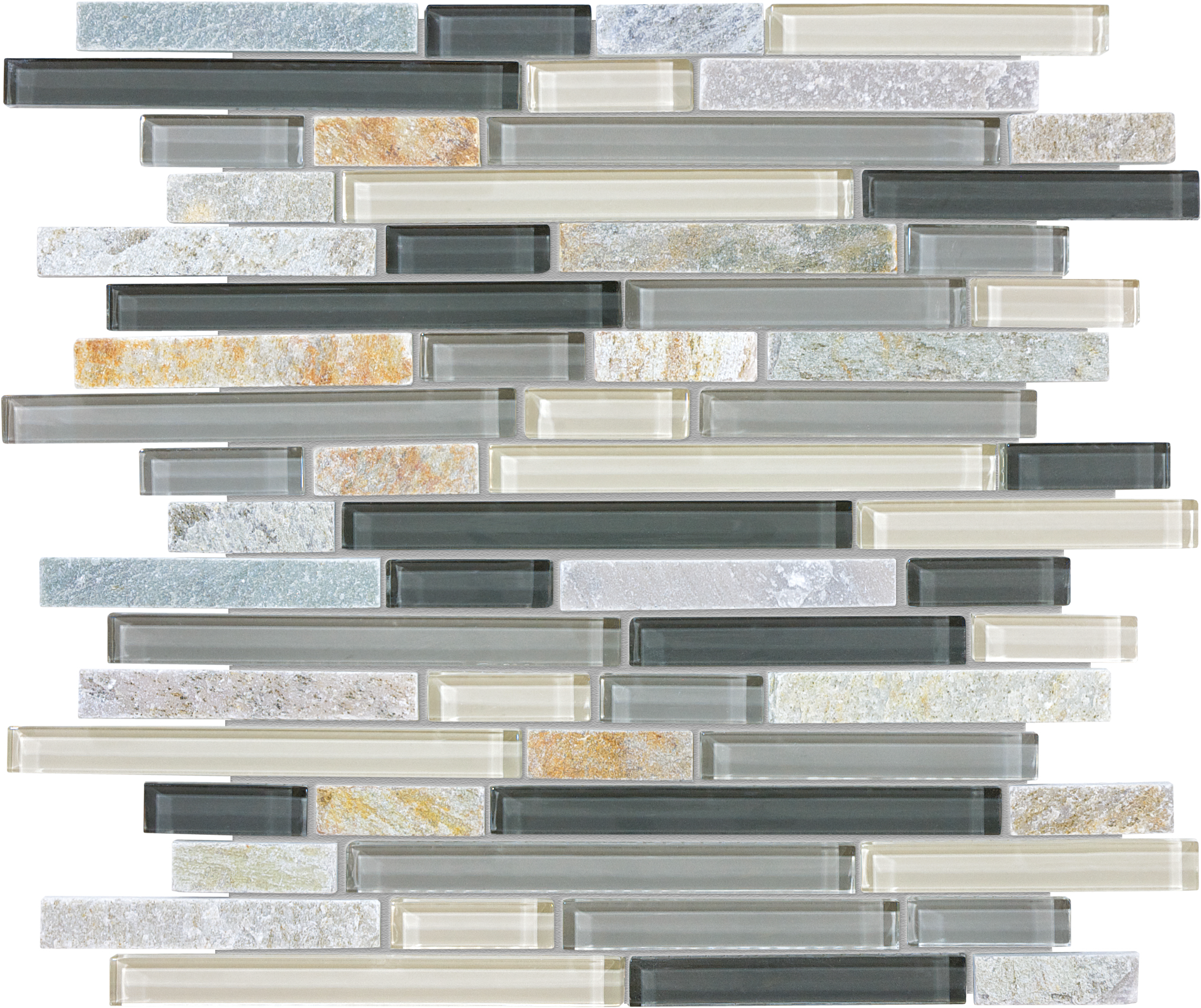 silver aspen random strip pattern multi glass wall mosaic glass slate blend from glass slate anatolia collection distributed by surface group international multi finish multi edge mesh shape