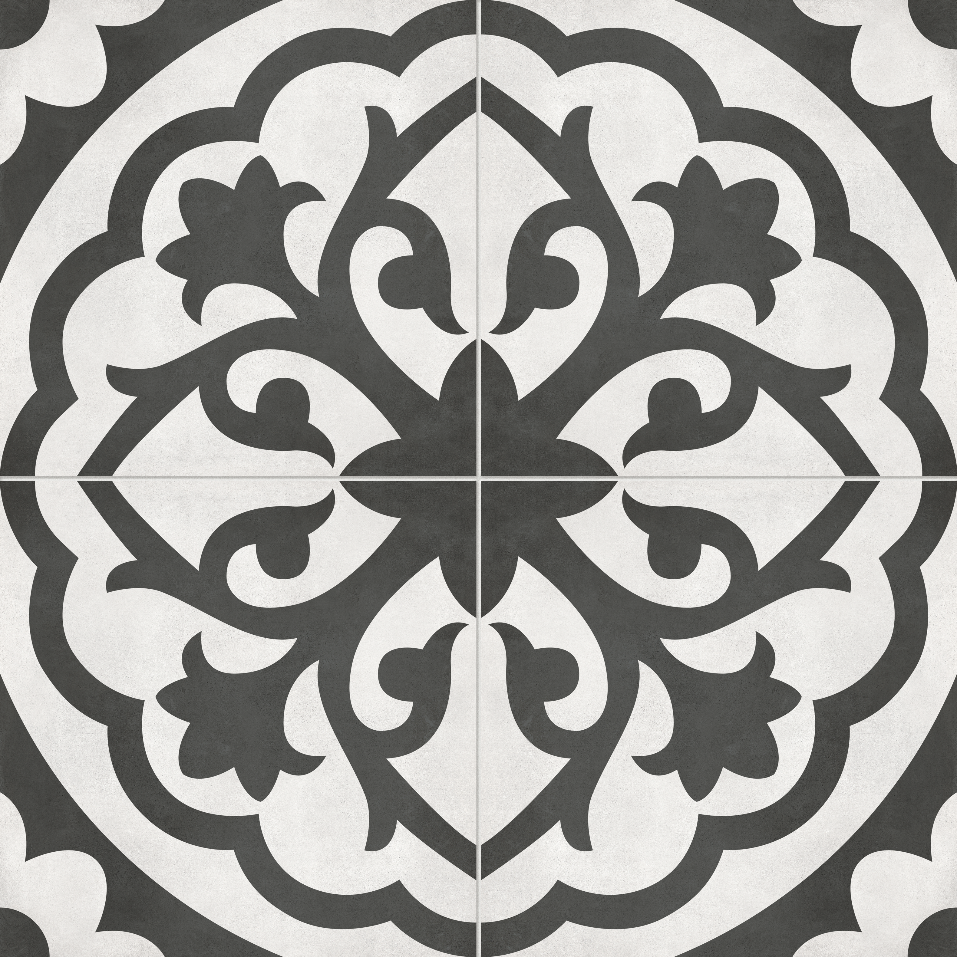 monochrome print pattern glazed porcelain deco tile print blend from form anatolia collection distributed by surface group international matte finish pressed edge 8x8 square shape