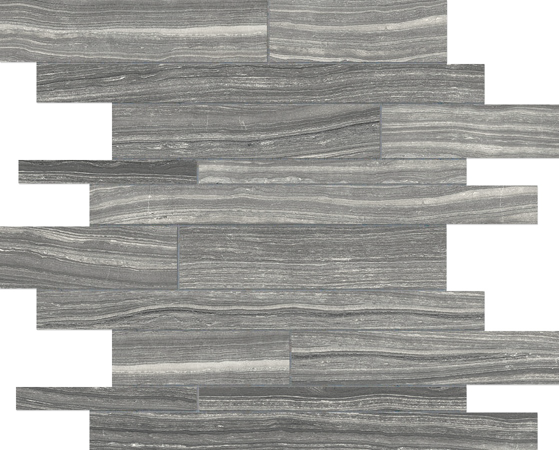 carbon random strip pattern glazed porcelain mosaic from eramosa anatolia collection distributed by surface group international matte finish straight edge edge mesh shape