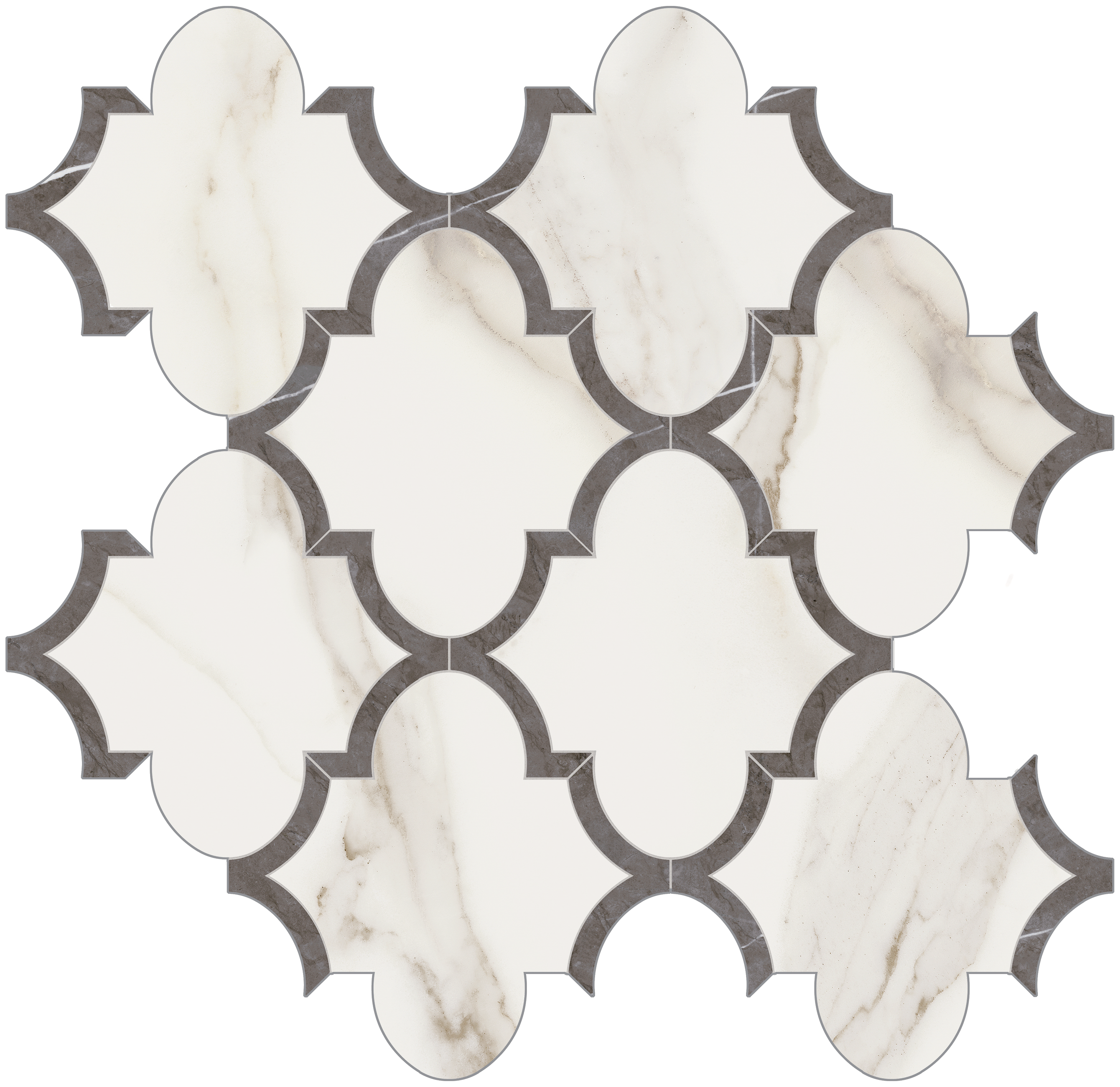 calacatta oro arabesque pattern glazed porcelain mosaic from mayfair anatolia collection distributed by surface group international polished finish straight edge edge mesh shape