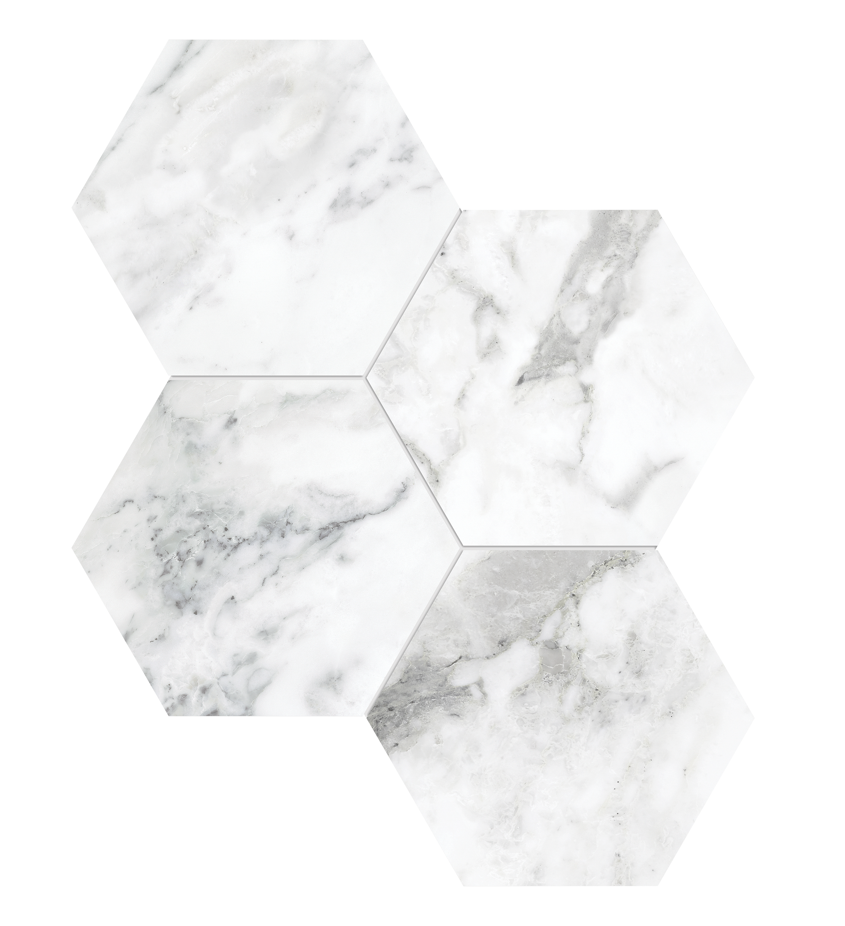 arabescato hexagon 6-inch pattern glazed porcelain mosaic from la marca anatolia collection distributed by surface group international polished finish straight edge edge mesh shape