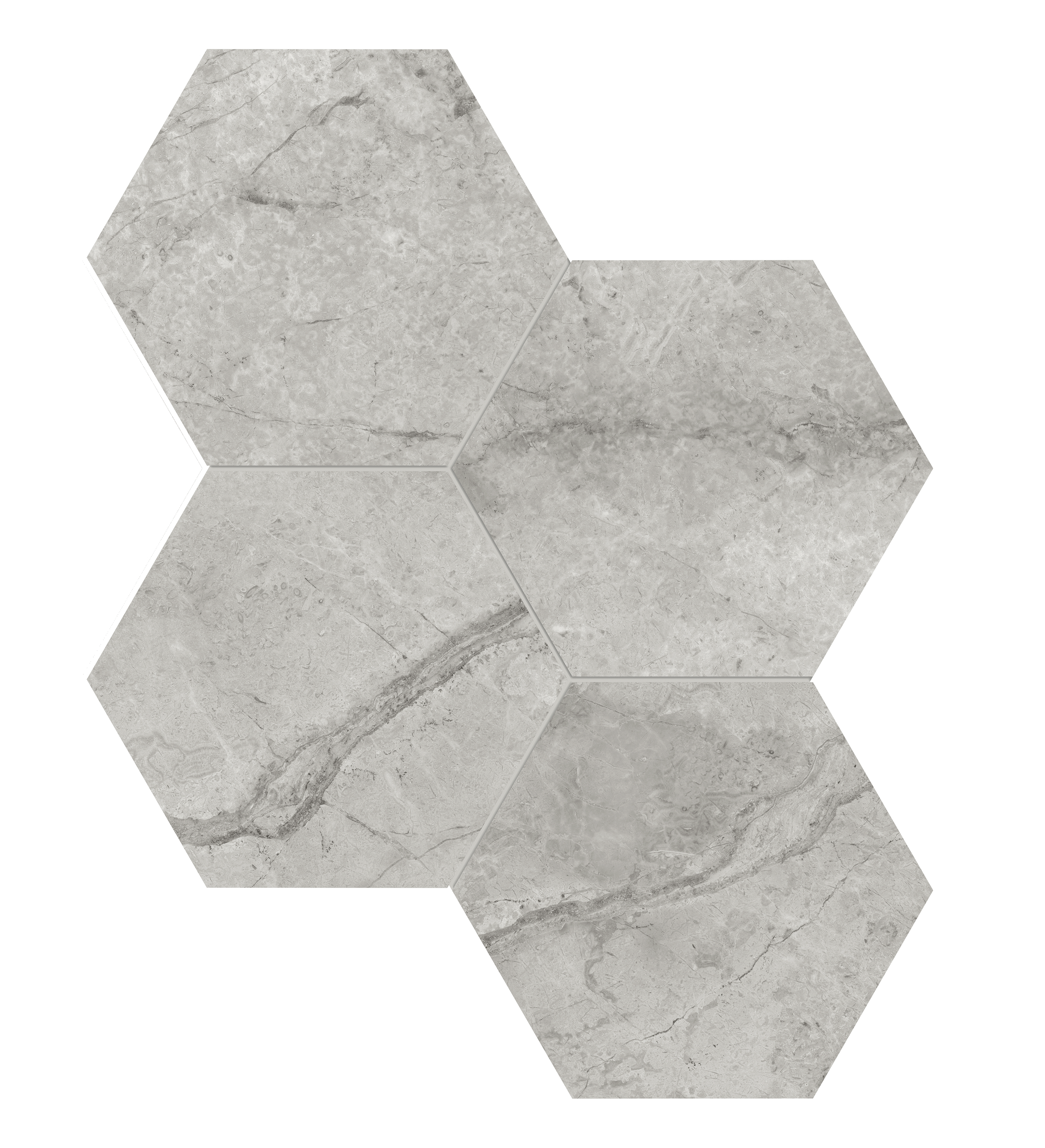 paradiso argento hexagon 6-inch pattern glazed porcelain mosaic from la marca anatolia collection distributed by surface group international polished finish straight edge edge mesh shape